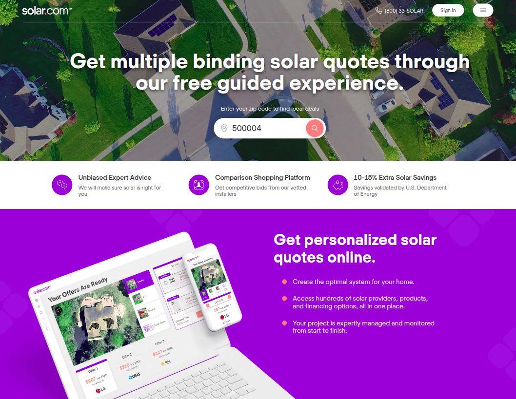 Solar.com e-commerce platform for residential solar