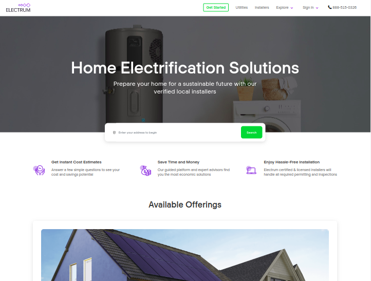 Electrum.co consumer web app for solar and home energy products